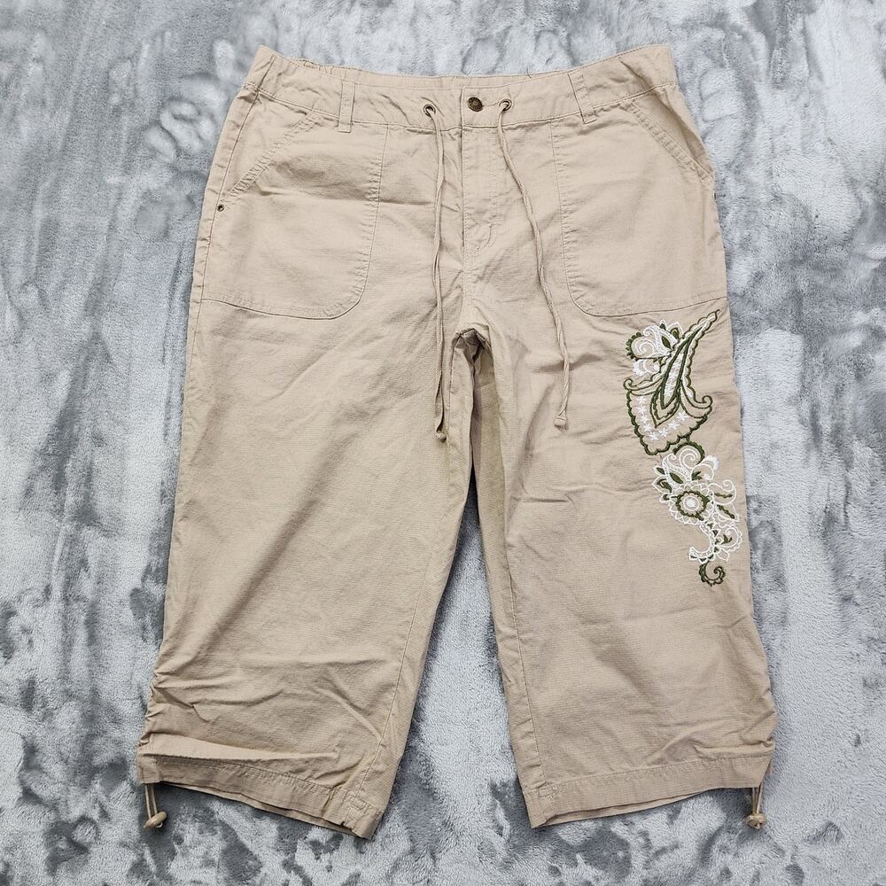 Basic Editions Pants Womens L Tan Embroidered Drawstring Bungee Hem Capri Casual